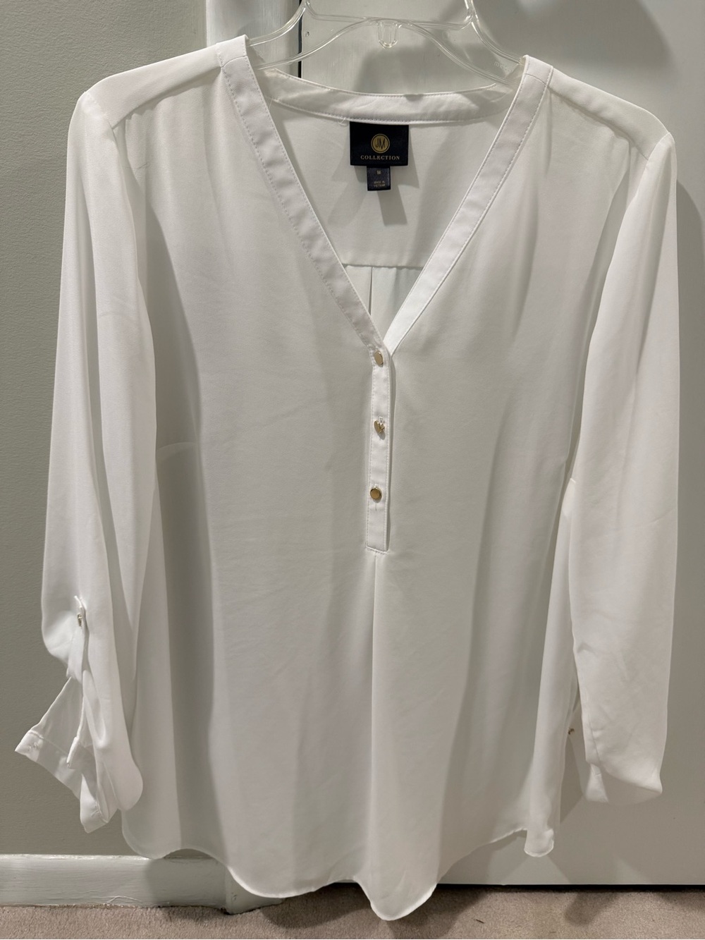 JM Collection White V-Neck Button Front Blouse